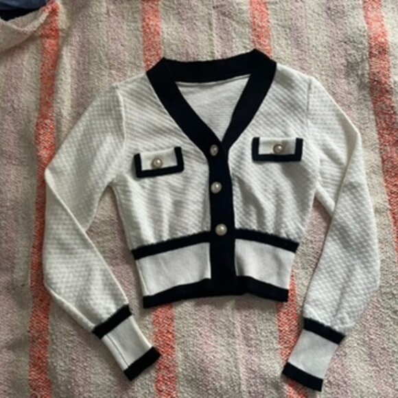 Contrast Boucle Cardigan Off White and Black - Picture 3 of 8